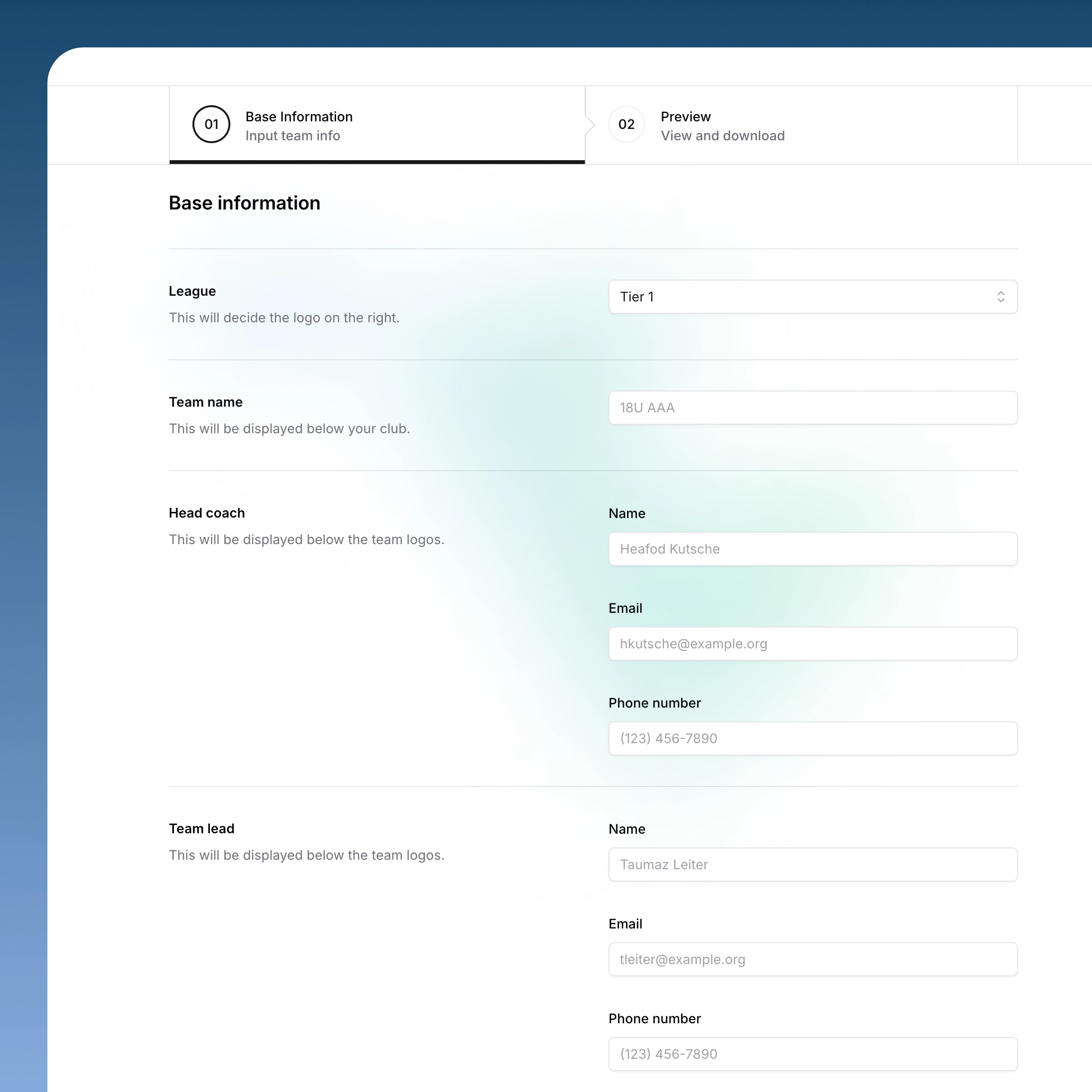 A form on a webpage for entering team information, including league, team name, head coach, and team lead details, as part of a multi-step process for generating scout sheets.