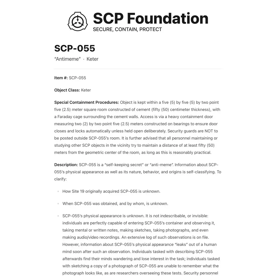 A document from the SCP Foundation detailing SCP-055, known as 'Antimeme'. It includes the SCP logo at the top with the text 'Secure, Contain, Protect'. The document specifies the item number SCP-055, classifies it as Keter, and provides special containment procedures and a description of the object.