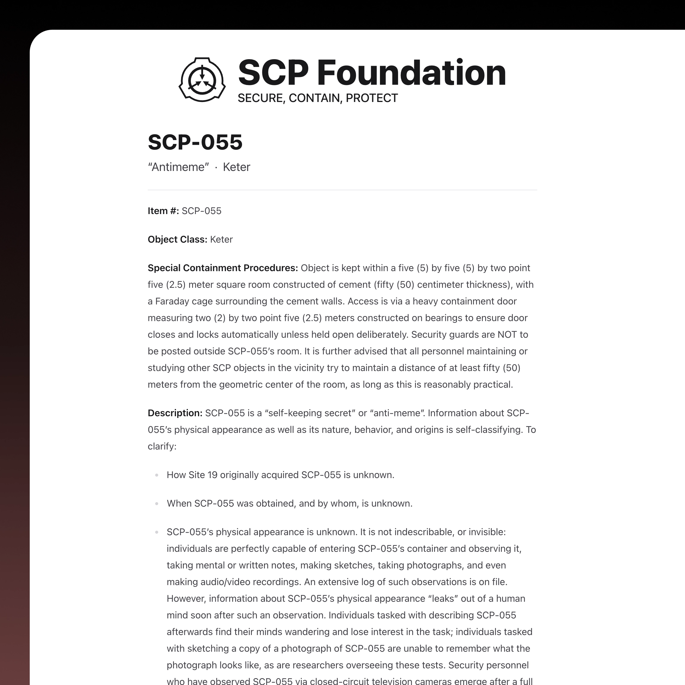 A document from the SCP Foundation detailing SCP-055, known as 'Antimeme'. It includes the SCP logo at the top with the text 'Secure, Contain, Protect'. The document specifies the item number SCP-055, classifies it as Keter, and provides special containment procedures and a description of the object.