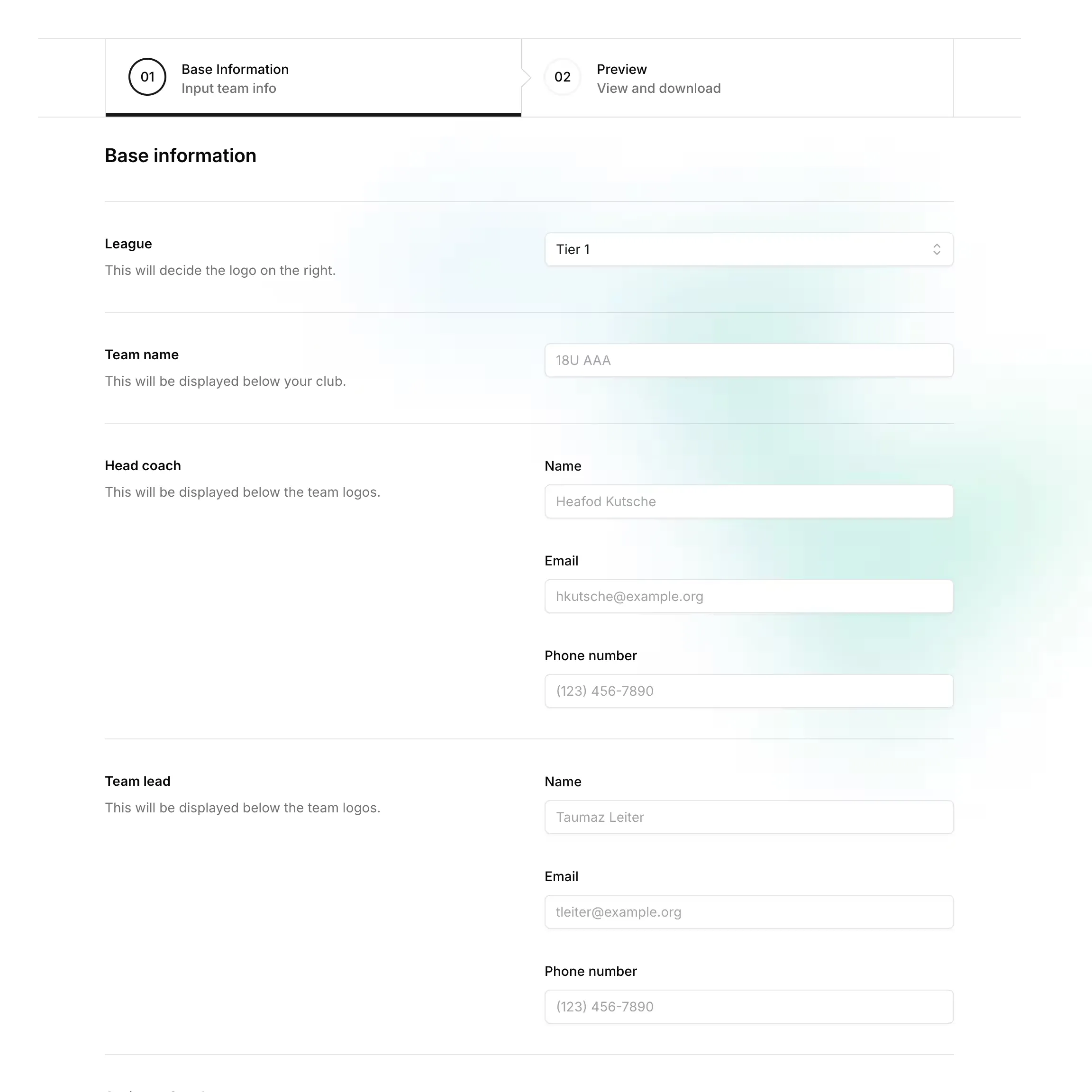 A form on a webpage for entering team information, including league, team name, head coach, and team lead details, as part of a multi-step process for generating scout sheets.